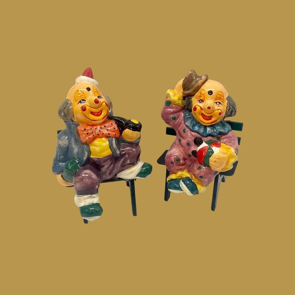 Vintage Hand Painted Ceramic Clown Figurines, Circus Decor, Set of 2